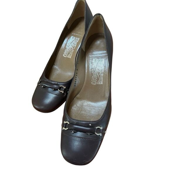 Salvatore Ferragamo Brown Leather Square Toe Pumps Heels Horse Bit Size 8.5 C US - Picture 11 of 12